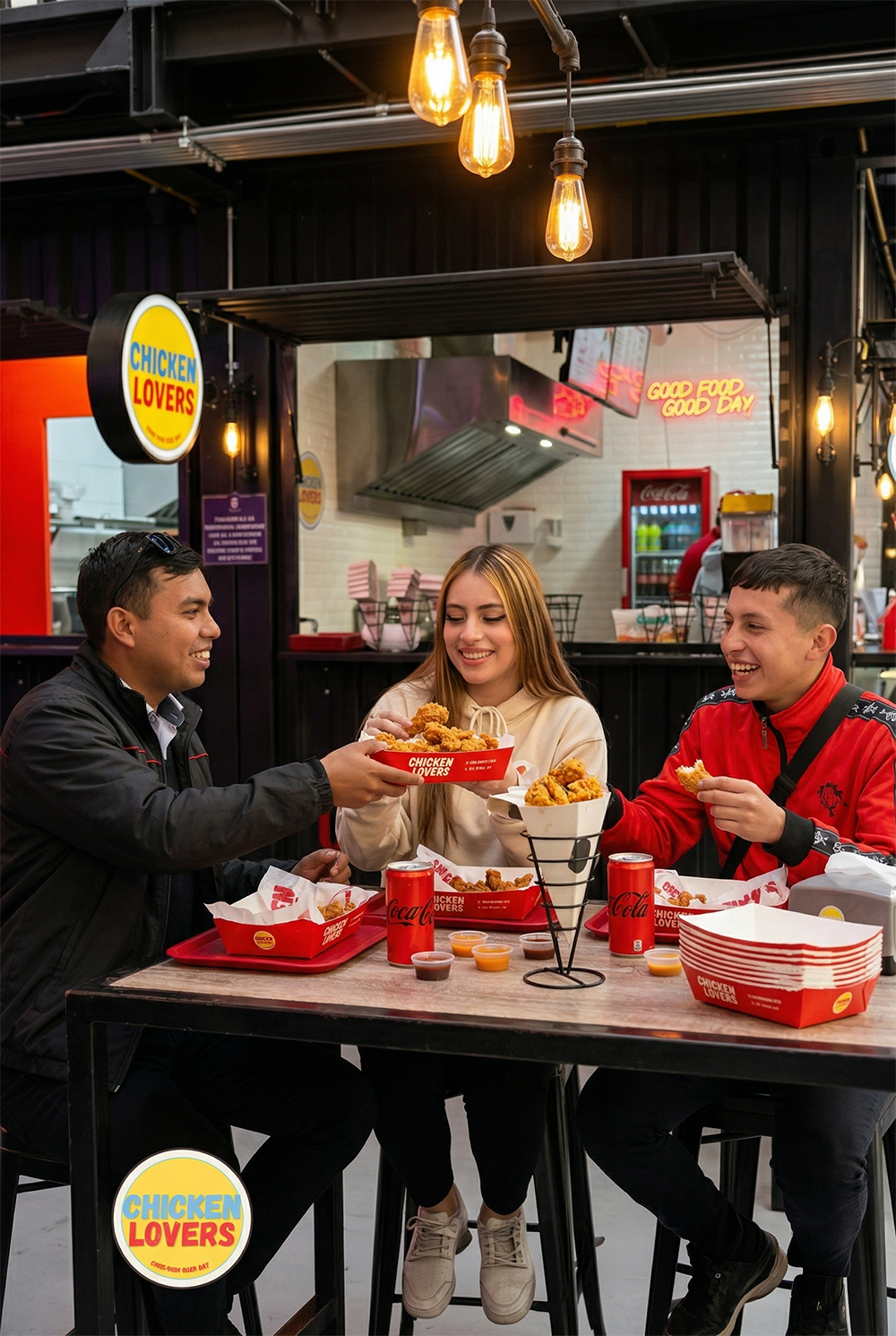 Clientes disfrutando en Chicken Lovers